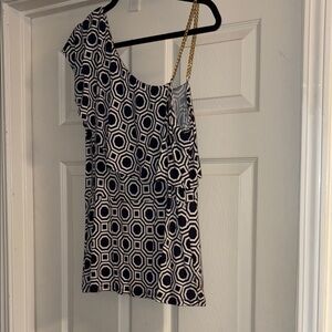Michael Kors Navy Geometric One-Shoulder Top with Gold Chain